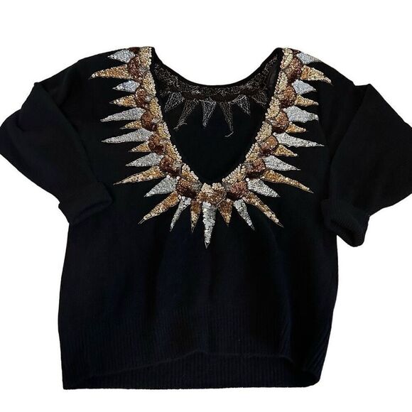 Vtg Semplice Lambs Wool Angora Rabbit Hair Black Sequin Deep V Back Sweater L - Picture 1 of 13